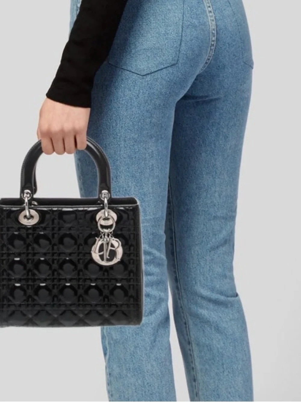 Dior Black Patent Quilted Lady Tote with Silver Hardware